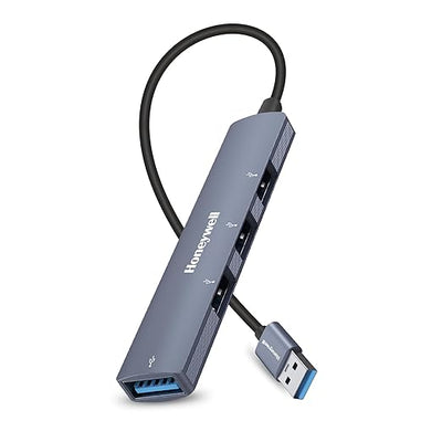 Gray USB hub with multiple ports on a white background