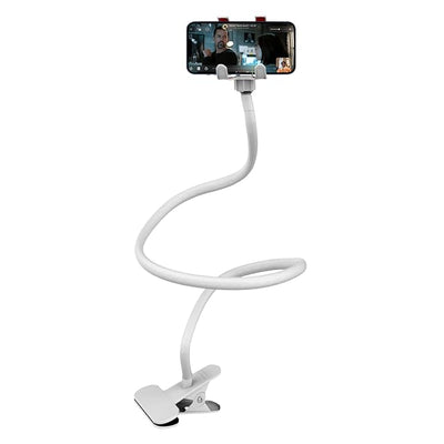 White phone holder with flexible arm on a white background