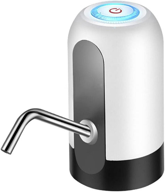 White and black water dispenser with a metallic spout on a white background