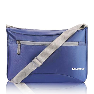 Navy blue shoulder bag with gray strap on a white background