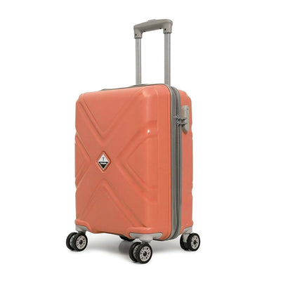 Orange suitcase with a handle and wheels on a white background