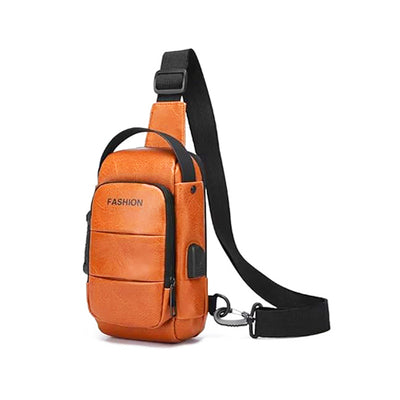 Brown leather sling bag with black strap on a white background