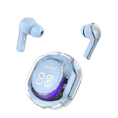 Blue wireless earbuds with charging case on a white background
