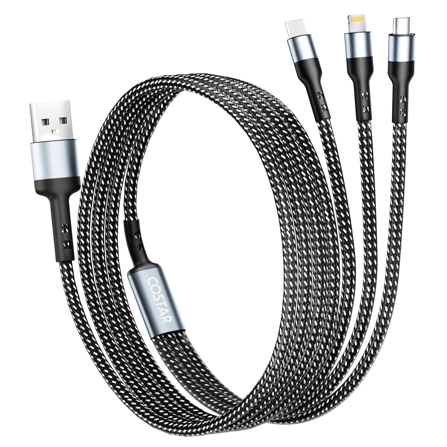Multifunctional cable with different connectors on a white background
