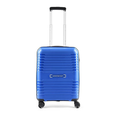 Blue suitcase with a visible brand logo on a white background