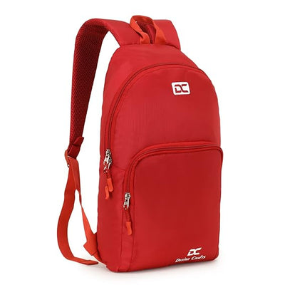 Red backpack with visible brand logo on a white background