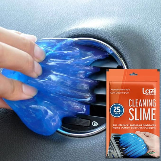 Blue cleaning slime being applied to a car air vent with Lazi Cleaning Slime packaging.