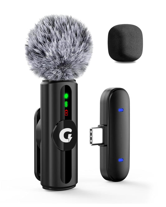 Black microphone with windscreen and receiver on a white background