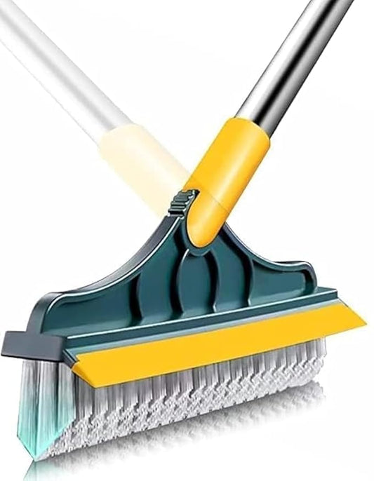 Cleaning brush with yellow handle and gray bristles on a white background