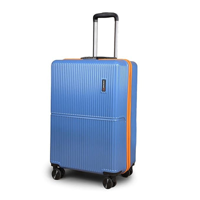 Blue suitcase with orange accent on a white background