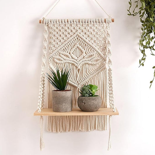 Decazone Macrame Wall Hanging Shelf – Boho Floating Shelf Beige - Itsmygadgets