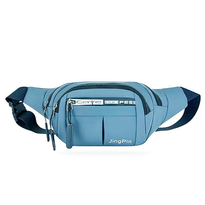Gray waist bag with black straps on a white background