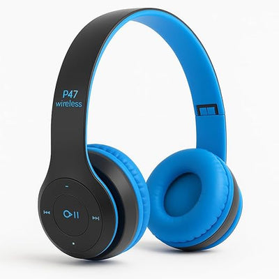 Blue and black wireless headphones on a white background