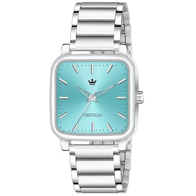 Silver watch with a turquoise face on a white background