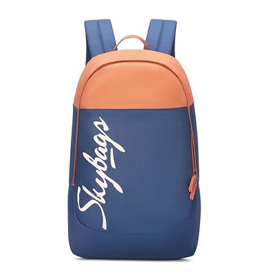 Blue and orange backpack with 'Skybags' branding on a white background