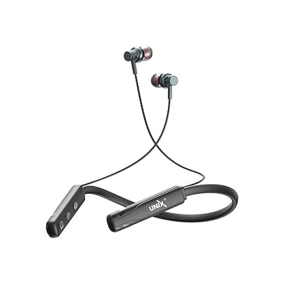 Bluetooth earbuds with neckband on a white background, featuring the brand 'UNIX'.