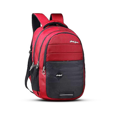 Red and black backpack on a white background