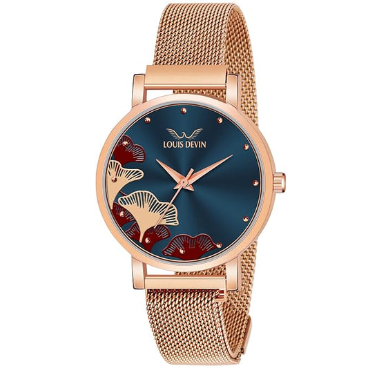 LOUIS DEVIN Rose Gold Plated Mesh Chain Analog Wrist Watch for Women (Black/Blue/Rose Gold Dial) | RG162 - Itsmygadgets