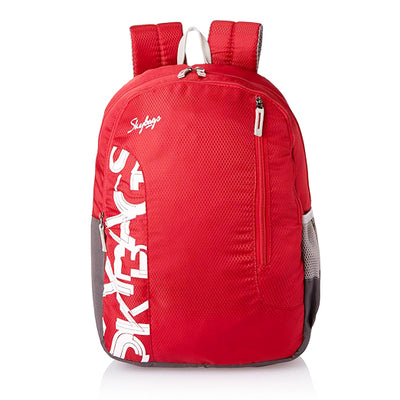 Red backpack with white text on a white background