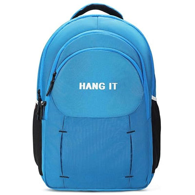 Blue backpack with 'HANG IT' text on a white background
