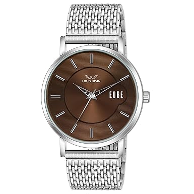 Silver watch with brown dial on a white background