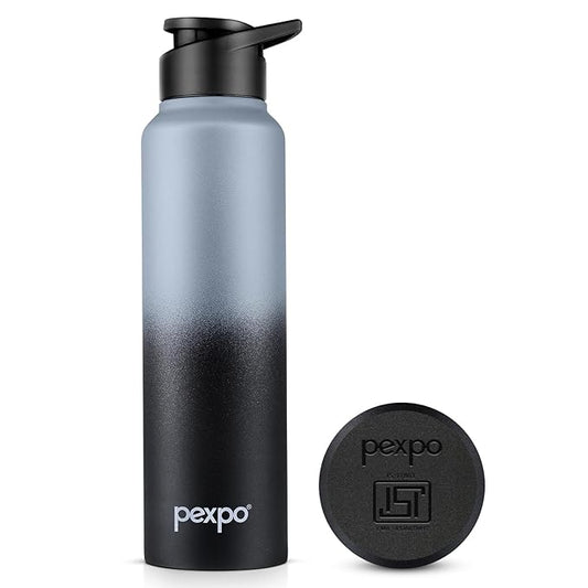 Gradient water bottle with black cap and pexpo branding on a white background