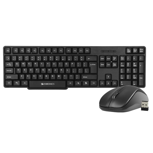 Black keyboard and mouse set with Zebronics branding on a white background