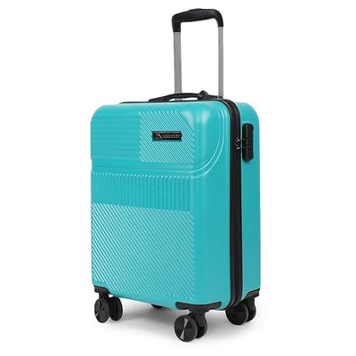Turquoise suitcase with black wheels and handle on a white background