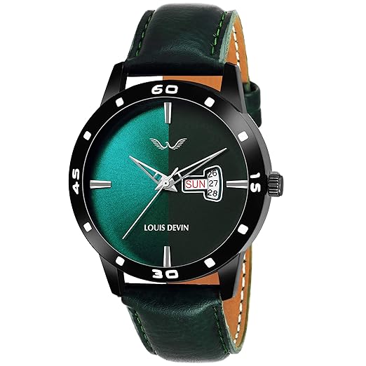 Green and black watch with a leather strap on a white background
