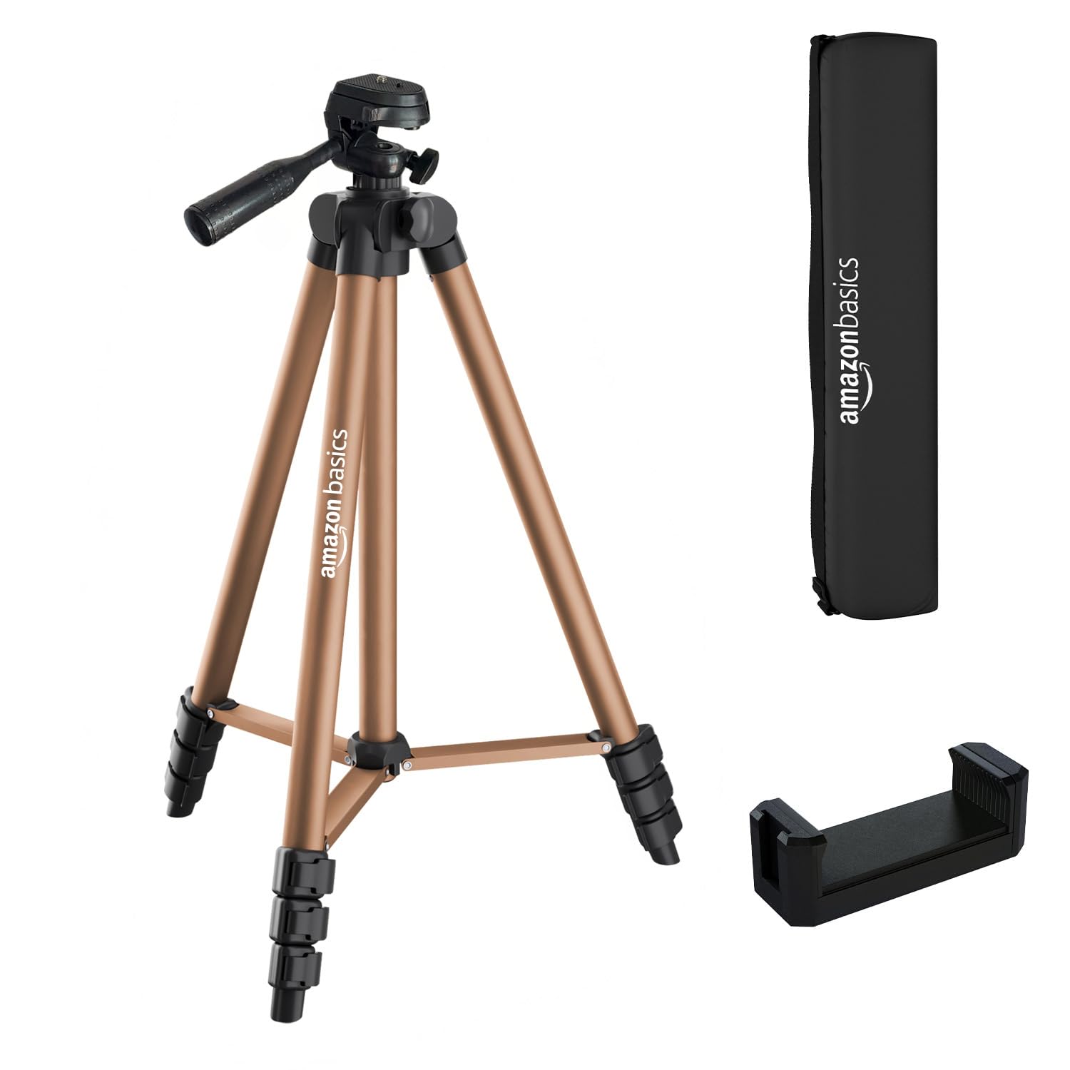Camera tripod with carrying case and smartphone holder on a white background