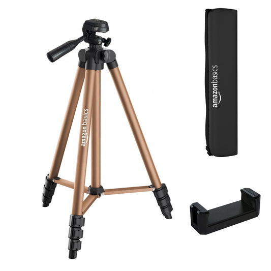 Camera tripod with carrying case and smartphone holder on a white background