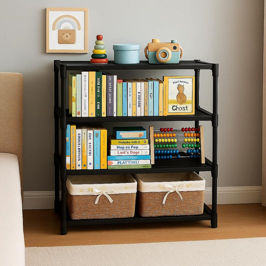 Bookshelf with books, toys, and baskets in a room setting