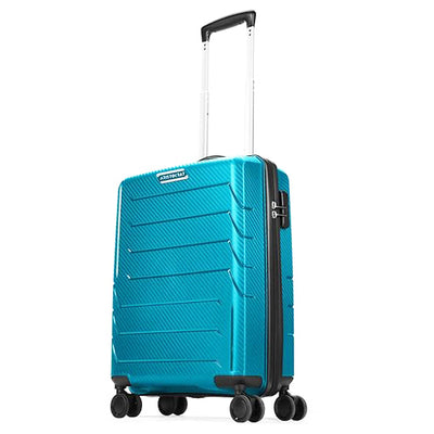 Turquoise suitcase with black handle and wheels on a white background
