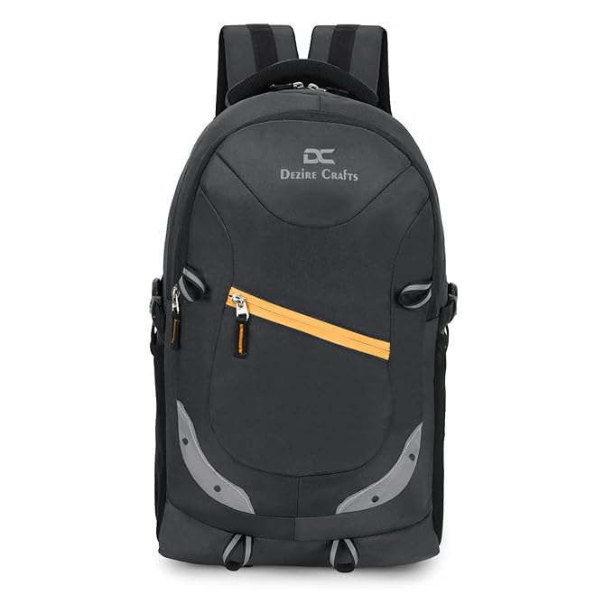 Black backpack with a yellow zipper on a white background, featuring the Dezine Crafts brand.