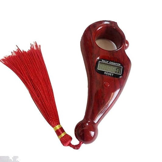 Red digital tally counter with broom-like handle on a white background