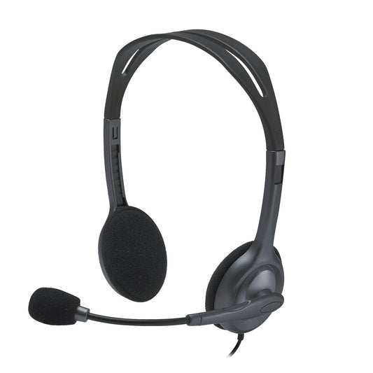 Black headset with microphone on a white background