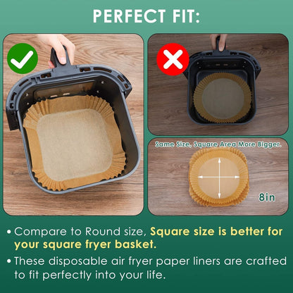 RUCON® Air Fryer Paper Sheets Disposable Liner for Microwave Oil-Proof Parchment for Frying Baking Cooking Roasting and Microwave (Square 8 Inch 100 PCS) - Itsmygadgets