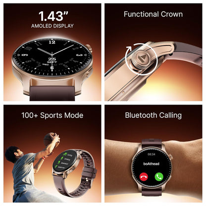 boAt New Launch Ultima Prime Smartwatch with 1.43" AMOLED Display, Personalized Fitness Nudges, Functional Crown,100+ Sports Modes, Watch Face Studio (Royal Berry), Brown - Itsmygadgets