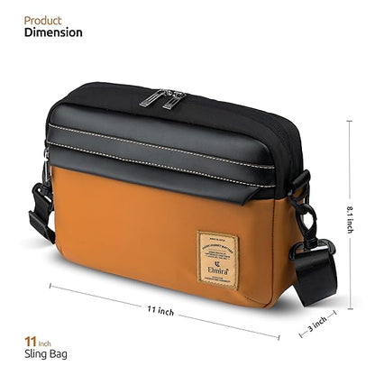 Black and brown sling bag with dimensions on a white background