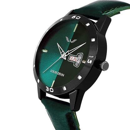 Green watch with black strap and detailed face on a white background