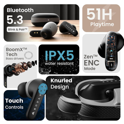 GOBOULT Z20 Truly Wireless Bluetooth Ear Buds with 51H Playtime, Zen™ Calling ENC Mic, Made in India, Low Latency Gaming, Touch Controls, Rich Bass Drivers, TWS Earbuds Bluetooth Wireless (Jet Black) - Itsmygadgets