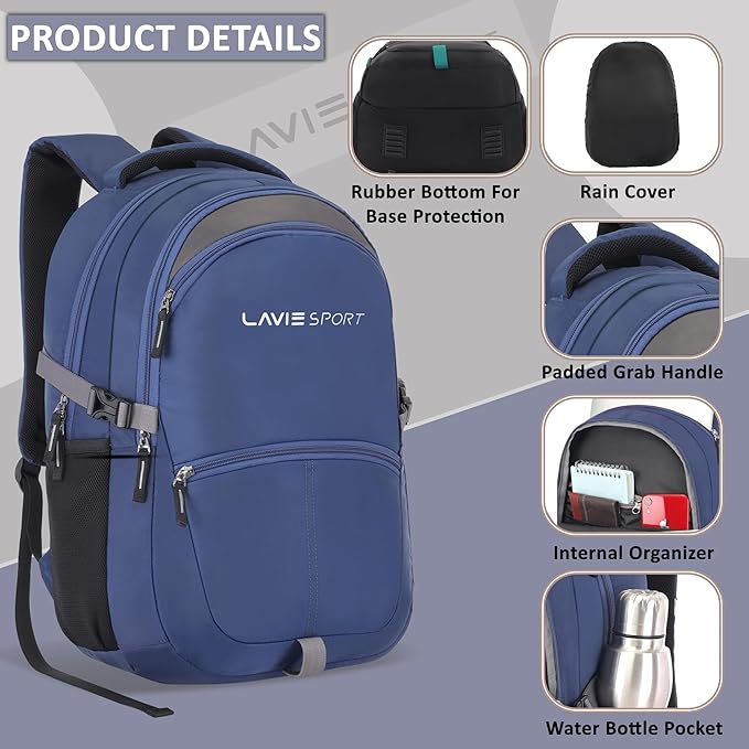 Blue backpack with features highlighted on a gray background