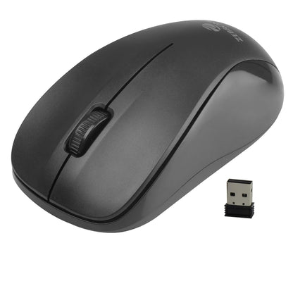Black computer mouse with wireless receiver on a white background