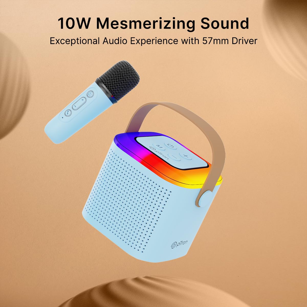 pTron Newly Launched Fusion Tunes 10W Mini Bluetooth Speaker with Wireless Karaoke Mic, 8Hrs Playtime, Vivid RGB Lights, Voice Effects, Multi-Play Modes BT5.1/TF Card & Type-C Charging Port (Blue) - Itsmygadgets