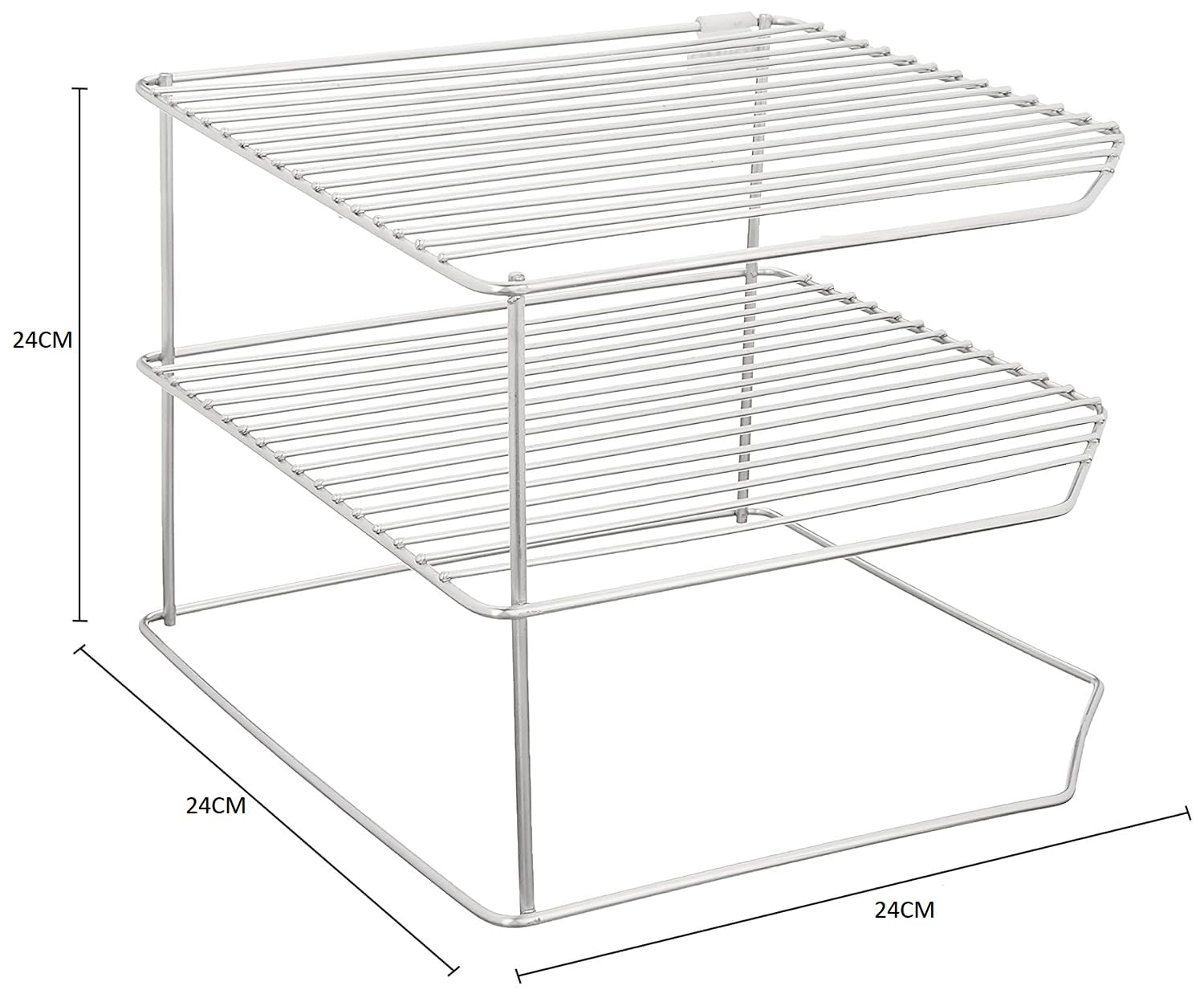 White metal wire shelf with dimensions on a white background