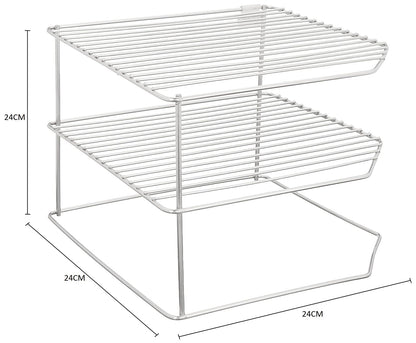 White metal wire shelf with dimensions on a white background