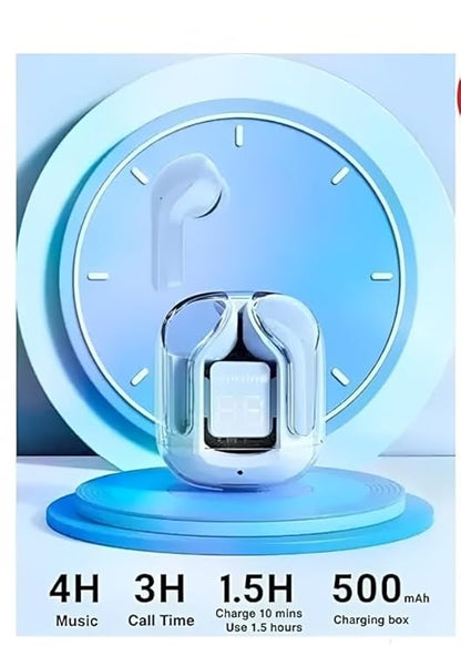 Wireless earbuds with charging case on a blue background