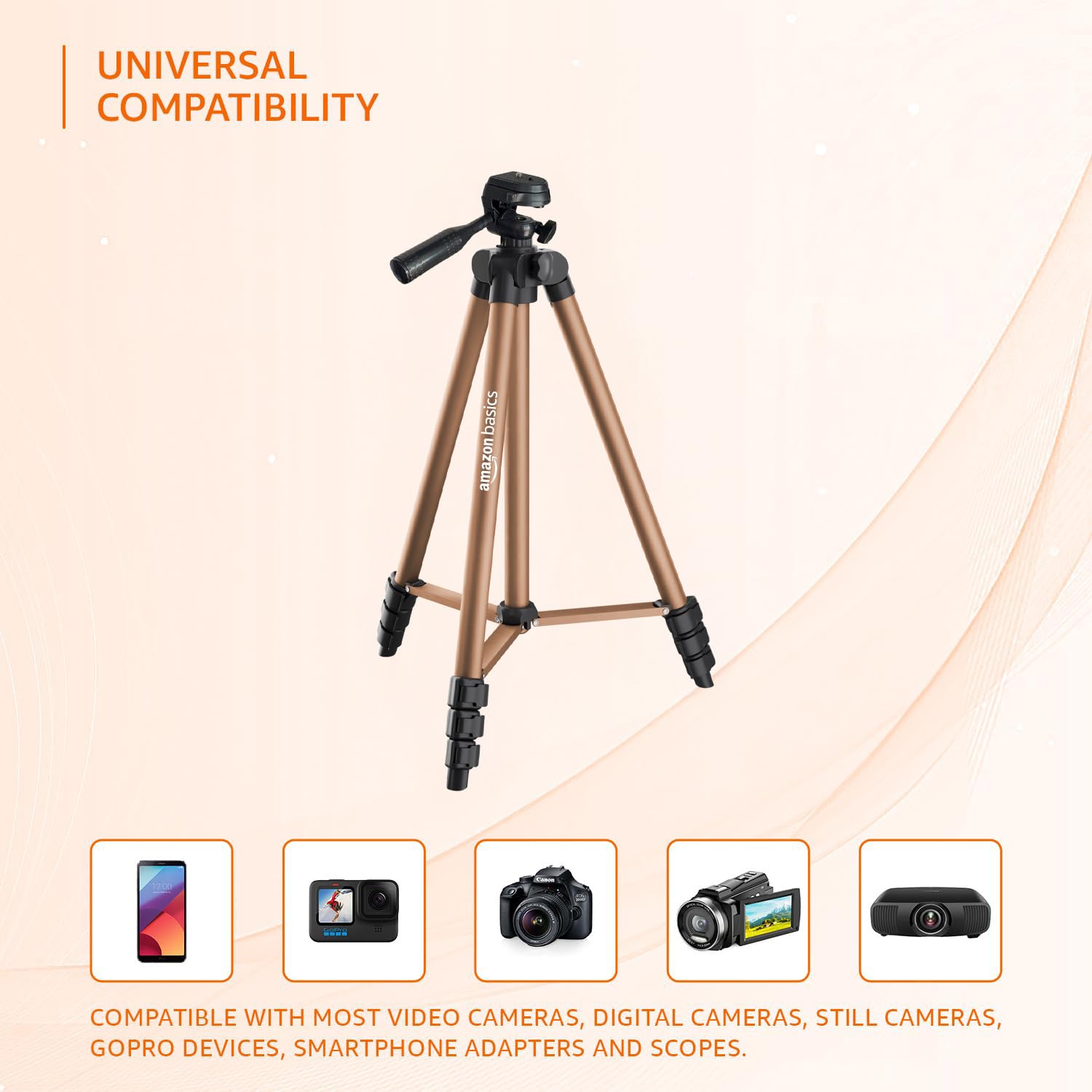Camera tripod with compatibility text on a beige background