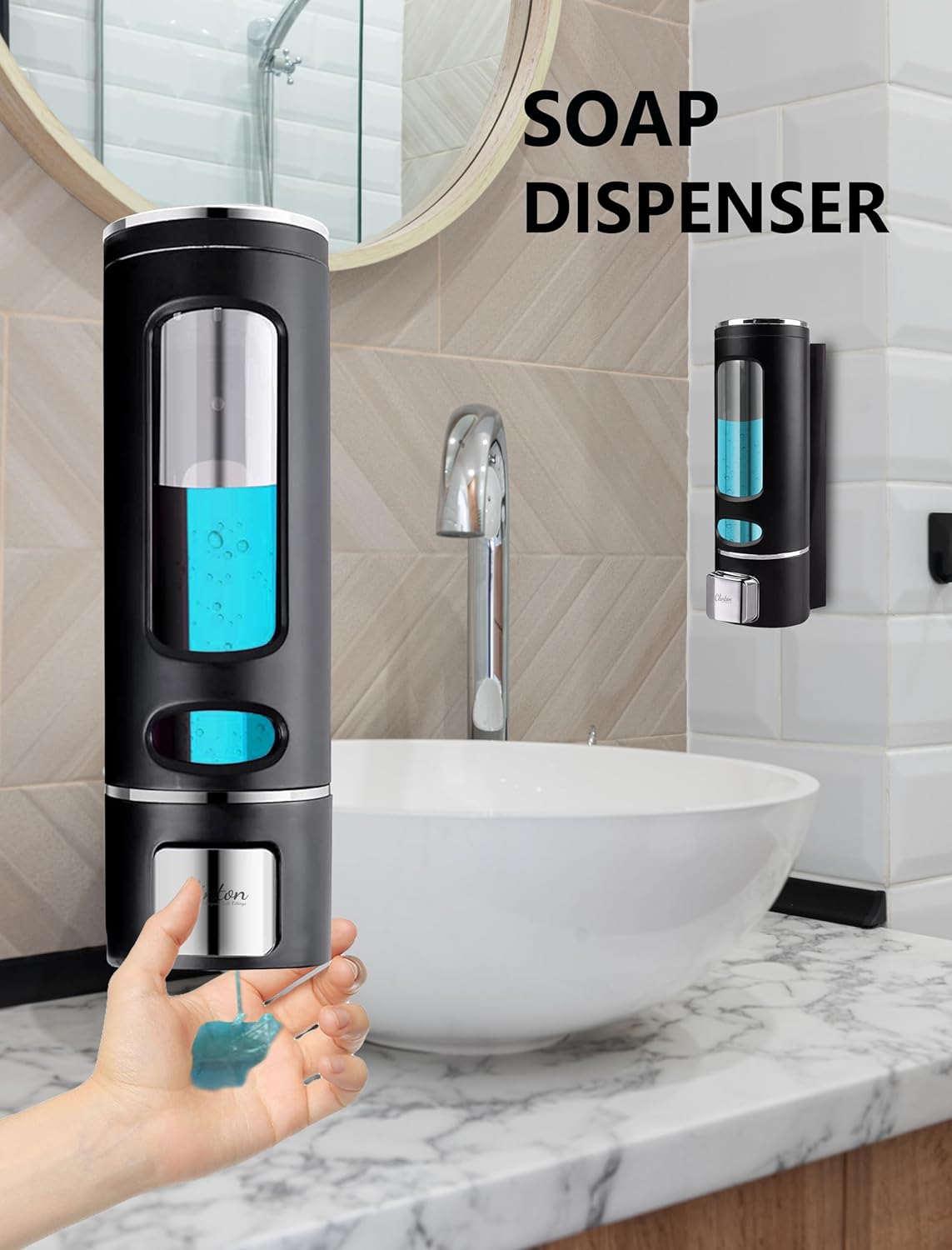 Soap dispenser being used in a bathroom setting with a mirror and sink.