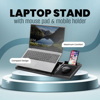 Laptop stand with mouse pad and mobile holder on a blue background